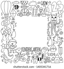 Kindergarten preschool school children. Kids drawing style vector pattern. Play grow learn together.