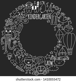 Kindergarten preschool school children. Kids drawing style vector pattern. Play grow learn together.