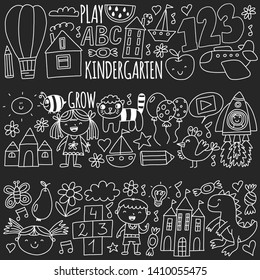 Kindergarten preschool school children. Kids drawing style vector pattern. Play grow learn together.