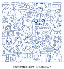 Kindergarten preschool school children. Kids drawing style vector pattern. Play grow learn together.
