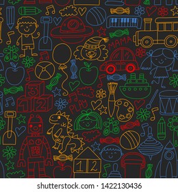 Kindergarten preschool school children. Kids drawing style vector pattern. Play grow learn together.