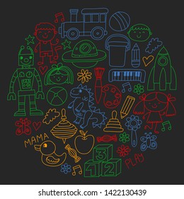 Kindergarten preschool school children. Kids drawing style vector pattern. Play grow learn together.