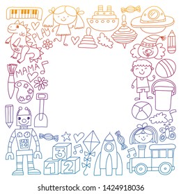 Kindergarten preschool school children. Kids drawing style vector pattern. Play grow learn together.