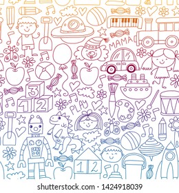Kindergarten preschool school children. Kids drawing style vector pattern. Play grow learn together.