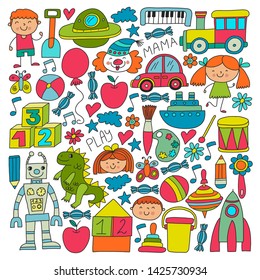 Kindergarten preschool school children. Kids drawing style vector pattern. Play grow learn together.