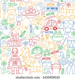 Kindergarten preschool school children. Kids drawing style vector pattern. Play grow learn together.