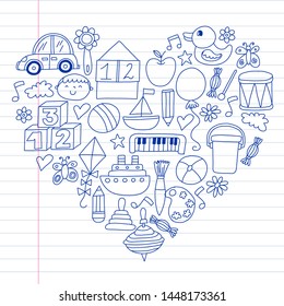Kindergarten preschool school children. Kids drawing style vector pattern. Play grow learn together.