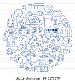 Kindergarten preschool school children. Kids drawing style vector pattern. Play grow learn together.