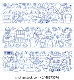 Kindergarten preschool school children. Kids drawing style vector pattern. Play grow learn together.