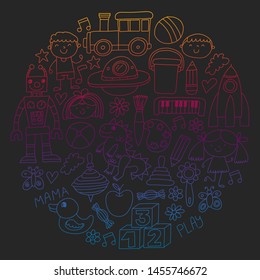 Kindergarten preschool school children. Kids drawing style vector pattern. Play grow learn together.