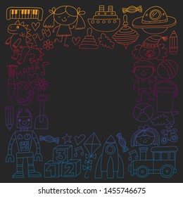 Kindergarten preschool school children. Kids drawing style vector pattern. Play grow learn together.