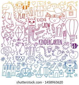 Kindergarten preschool school children. Kids drawing style vector pattern. Play grow learn together.