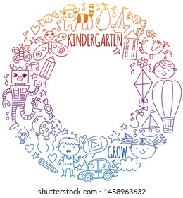 Kindergarten preschool school children. Kids drawing style vector pattern. Play grow learn together.