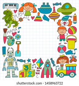 Kindergarten preschool school children. Kids drawing style vector pattern. Play grow learn together.