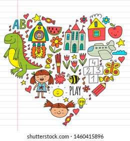 Kindergarten preschool school children. Kids drawing style vector pattern. Play grow learn together.