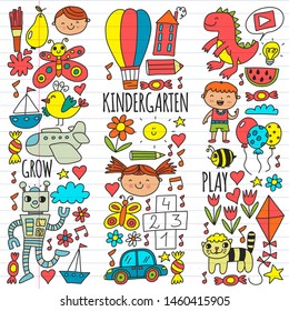 Kindergarten preschool school children. Kids drawing style vector pattern. Play grow learn together.