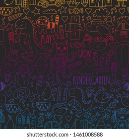 Kindergarten preschool school children. Kids drawing style vector pattern. Play grow learn together.