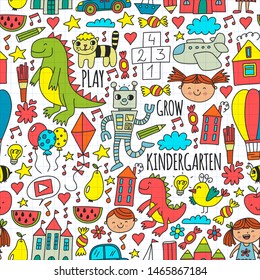 Kindergarten preschool school children. Kids drawing style vector pattern. Play grow learn together.