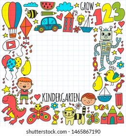 Kindergarten preschool school children. Kids drawing style vector pattern. Play grow learn together.