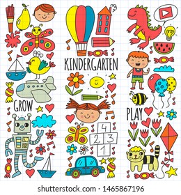 Kindergarten preschool school children. Kids drawing style vector pattern. Play grow learn together.