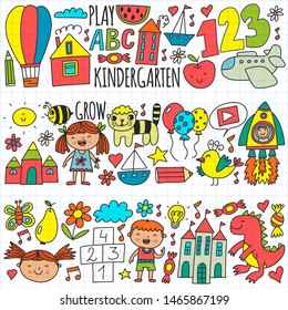 Kindergarten preschool school children. Kids drawing style vector pattern. Play grow learn together.