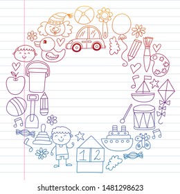 Kindergarten preschool school children. Kids drawing style vector pattern. Play grow learn together.