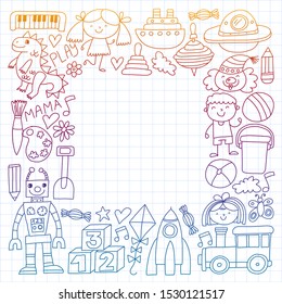 Kindergarten preschool school children. Kids drawing style vector pattern. Play grow learn together.