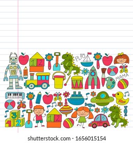 Kindergarten preschool school children. Kids drawing style vector pattern. Play grow learn together.
