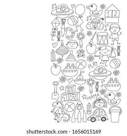 Kindergarten preschool school children. Kids drawing style vector pattern. Play grow learn together.