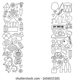 Kindergarten preschool school children. Kids drawing style vector pattern. Play grow learn together.
