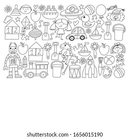 Kindergarten preschool school children. Kids drawing style vector pattern. Play grow learn together.