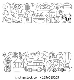 Kindergarten preschool school children. Kids drawing style vector pattern. Play grow learn together.