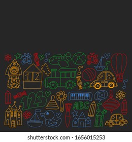 Kindergarten preschool school children. Kids drawing style vector pattern. Play grow learn together.