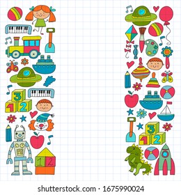 Kindergarten preschool school children. Kids drawing style vector pattern. Play grow learn together.