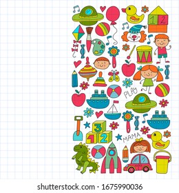 Kindergarten preschool school children. Kids drawing style vector pattern. Play grow learn together.
