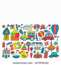 Kindergarten preschool school children. Kids drawing style vector pattern. Play grow learn together.