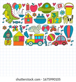 Kindergarten preschool school children. Kids drawing style vector pattern. Play grow learn together.