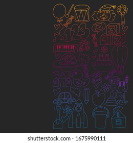 Kindergarten preschool school children. Kids drawing style vector pattern. Play grow learn together.