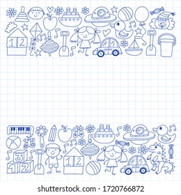 Kindergarten preschool school children. Kids drawing style vector pattern. Play grow learn together.