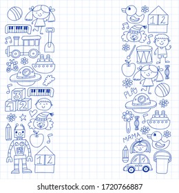 Kindergarten preschool school children. Kids drawing style vector pattern. Play grow learn together.