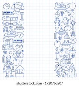 Kindergarten preschool school children. Kids drawing style vector pattern. Play grow learn together.