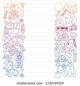 Kindergarten preschool school children. Kids drawing style vector pattern. Play grow learn together.
