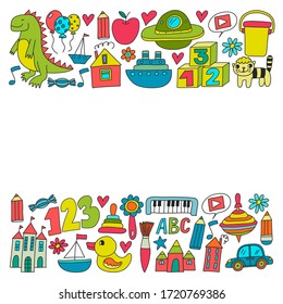 Kindergarten preschool school children. Kids drawing style vector pattern. Play grow learn together.