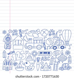 Kindergarten preschool school children. Kids drawing style vector pattern. Play grow learn together.