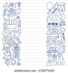Kindergarten preschool school children. Kids drawing style vector pattern. Play grow learn together.