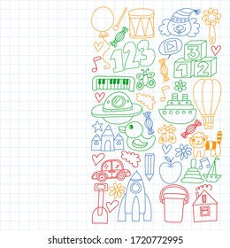 Kindergarten preschool school children. Kids drawing style vector pattern. Play grow learn together.