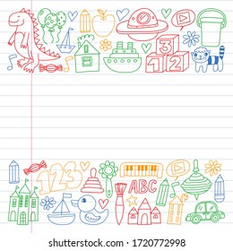 Kindergarten preschool school children. Kids drawing style vector pattern. Play grow learn together.