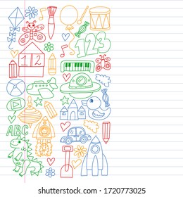 Kindergarten preschool school children. Kids drawing style vector pattern. Play grow learn together.