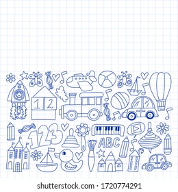 Kindergarten preschool school children. Kids drawing style vector pattern. Play grow learn together.