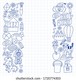 Kindergarten preschool school children. Kids drawing style vector pattern. Play grow learn together.